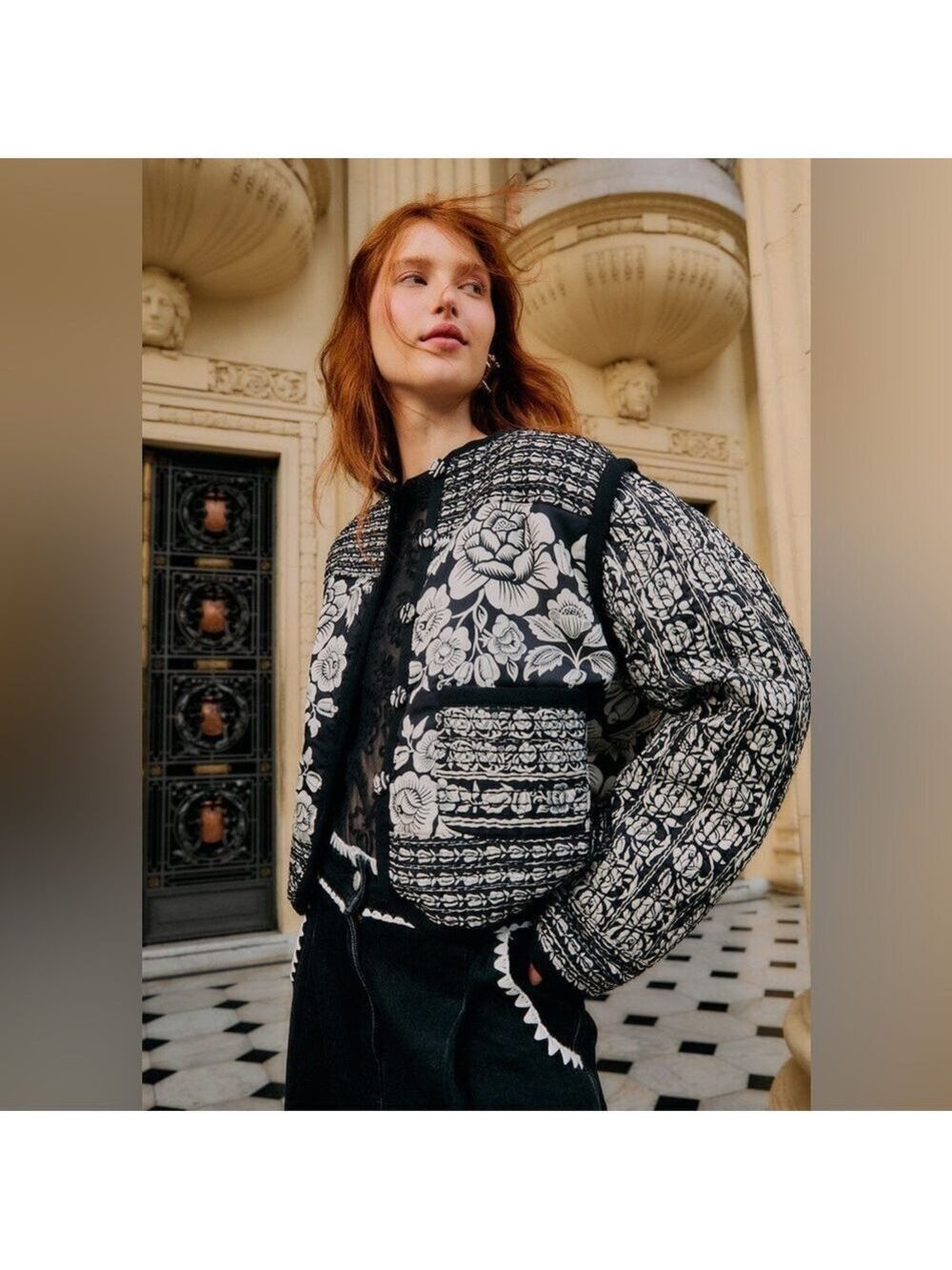 Farm Rio Black Cashews And Birds Seam Padded Jacket